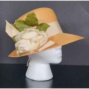 Vintage Leslie James 'Breton' Straw Hat W/Ribbon & Flower Sun Hat Cottagecore